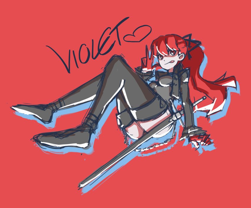 1girl, :p, black_jacket, black_leotard, boots, breasts, character_name, fizzysenpai, gloves, hair_between_eyes, highres, jacket, leg_up, leotard, long_hair, medium_breasts, no_mask, persona, persona_5, persona_5_the_royal, ponytail, rapier, red_background, red_eyes, red_gloves, red_hair, solo, sword, tongue, tongue_out, w, weapon, yoshizawa_kasumi