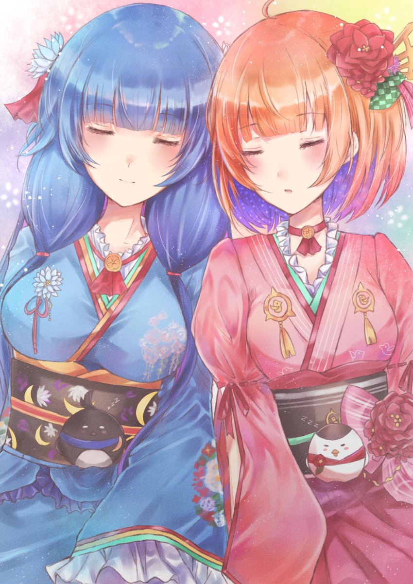 2girls, absurdres, bad_id, bad_twitter_id, blue_hair, blush, bob_cut, breasts