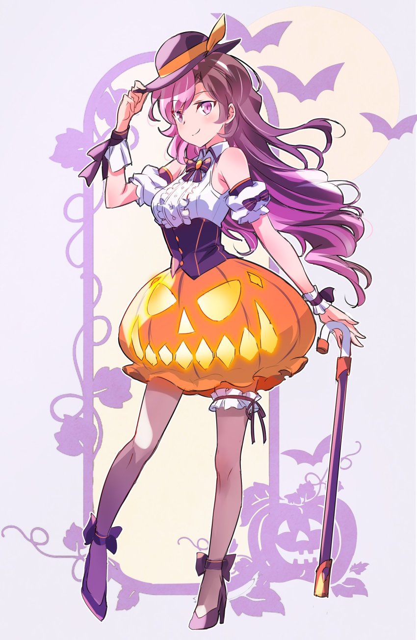 1girl, bat_(animal), brown_eyes, brown_hair, cane, female_focus, full_body, halloween, halloween_costume, hat, heterochromia, high_heels, highres, iesupa, jack-o'-lantern, legwear_garter, matching_hair/eyes, multicolored_hair, neopolitan_(rwby), pink_eyes, pink_hair, pumpkin, pumpkin_skirt, rwby, single_legwear_garter, smile, solo, standing, two-tone_hair, wristband