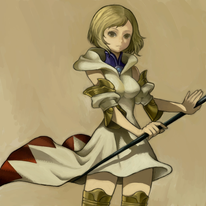 00s, 1girl, ashelia_b'nargin_dalmasca, bad_id, bad_pixiv_id, blonde_hair, breasts, brown_eyes, female_focus, final_fantasy, final_fantasy_xii, fuku_imo, short_hair, solo, staff, white_mage_(final_fantasy)