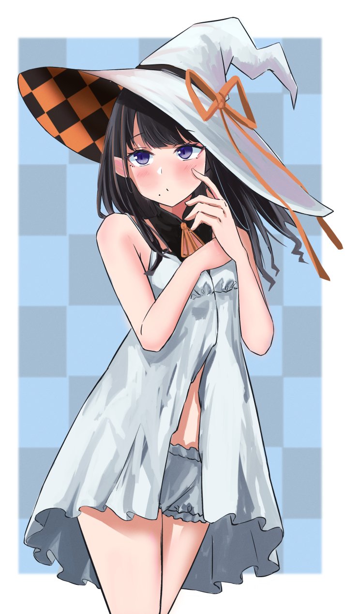 1girl, bare_shoulders, black_hair, black_rabbit_77, bloomers, blue_eyes, blush, bow, camisole, checkered_background, embarrassed, hand_on_own_cheek, hand_on_own_face, hat, highres, idolmaster, idolmaster_shiny_colors, kazano_hiori, legs_together, looking_to_the_side, mole, orange_bow, orange_ribbon, ribbon, standing, underwear, white_bloomers, white_camisole, witch_hat