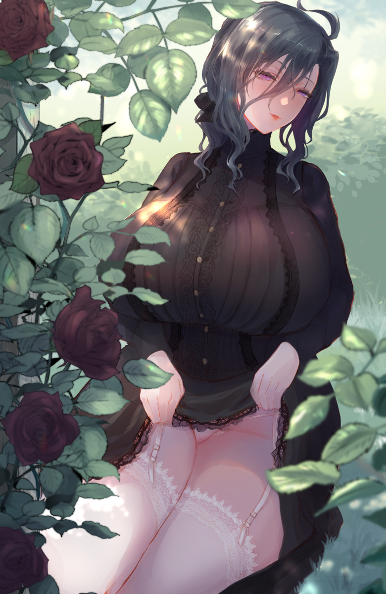 1girl, breasts, darnic_prestone_yggdmillennia, fate/apocrypha, fate_(series), flower, genderswap, genderswap_(mtf), green_hair, highres, huge_breasts, kt_(pixiv17776115), leaf, long_hair, outdoors, plant, purple_eyes, rose, solo, tagme, thighhighs