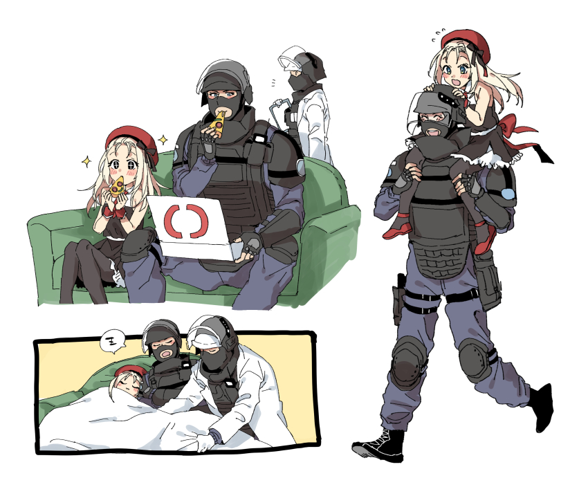 1girl, 2boys, absurdres, beret, black_pantyhose, blush, carrying, closed_eyes, coach, crossover, doc_(rainbow_six_siege), dress, eating, food, girls'_frontline, gloves, hat, helmet, highres, lab_coat, long_hair, long_sleeves, military_operator, mp5_(girls'_frontline), multiple_boys, open_mouth, pantyhose, pizza, pizza_box, pizza_slice, rainbow_six_siege, red_headwear, rook_(rainbow_six_siege), sanso_(kasyawamoti), shoulder_carry, simple_background, sitting, sleeping, sleeveless, sleeveless_dress, spoken_zzz, walking, white_background, white_gloves, zzz