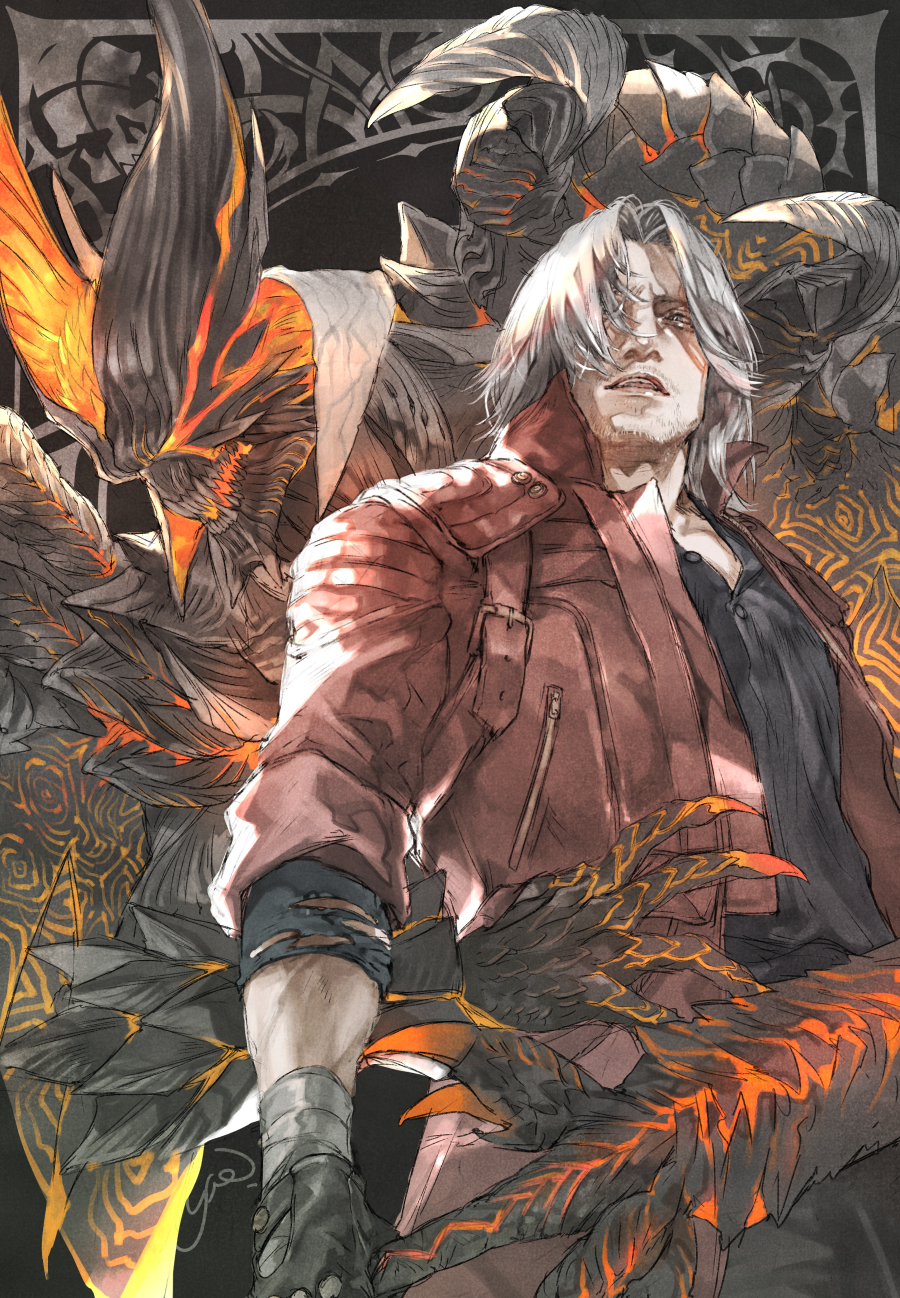 2boys, black_gloves, black_shirt, claws, coat, cowboy_shot, dante_(devil_may_cry), demon