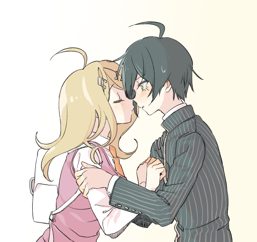 1boy, 1girl, ahoge, akamatsu_kaede, backpack, bag, black_hair, blonde_hair