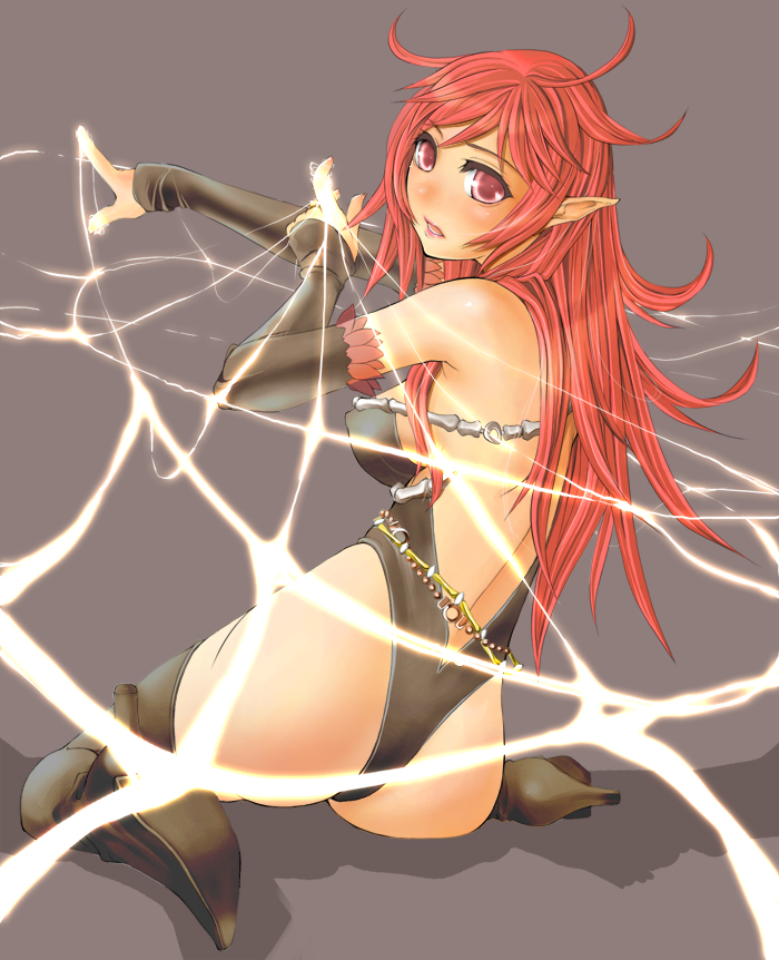 1girl, ass, back, bare_shoulders, belt, blush, bone, boots, breasts, covered_erect_nipples, demon_(red_stone), detached_sleeves, female_focus, frills, from_behind, glowing, high_heels, highleg, highleg_leotard, large_breasts, leotard, lilim, lipstick, long_hair, looking_at_viewer, looking_back, magic, makeup, necromancer_(red_stone), outstretched_arm, pink_eyes, pointy_ears, red_eyes, red_hair, red_stone, shadow, shoes, sideboob, sidelocks, silk, simple_background, sitting, solo, spider_web, thigh_boots, thighhighs