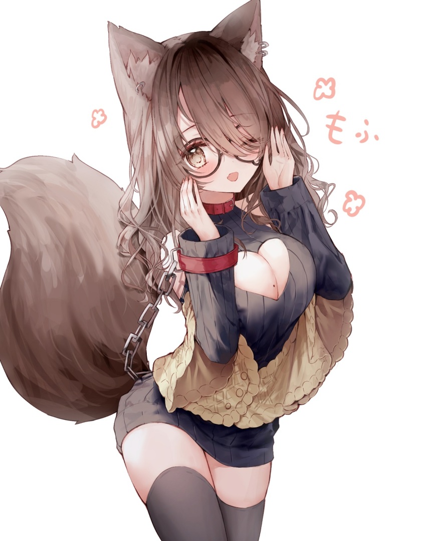 1girl, ;d, animal_ear_fluff, animal_ears, black-framed_eyewear, black_sweater, blush, breasts