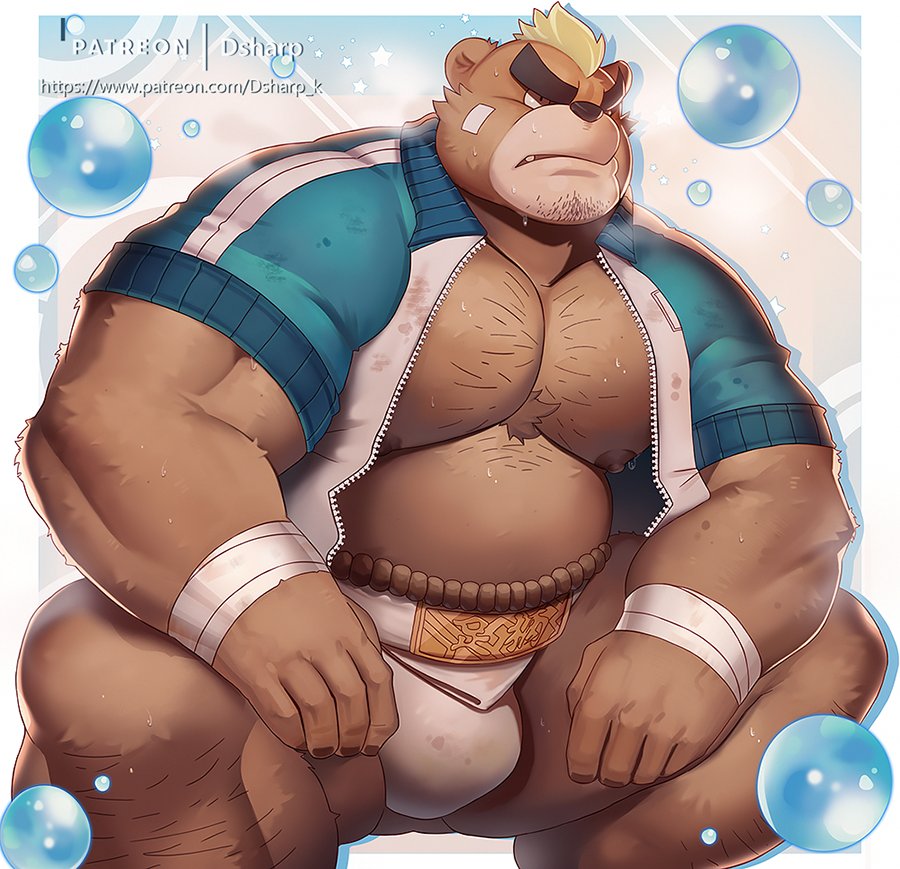 1boy, abs, ashigara_(housamo), bandaid, bandaid_on_face, bara, bare_pectorals, bear_boy