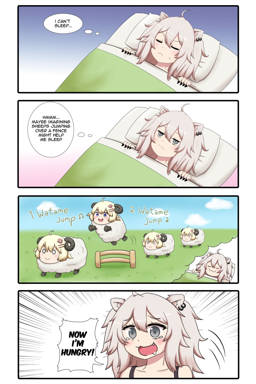 2girls, absurdres, ahoge, animal_ears, blonde_hair, closed_eyes, english_text, highres