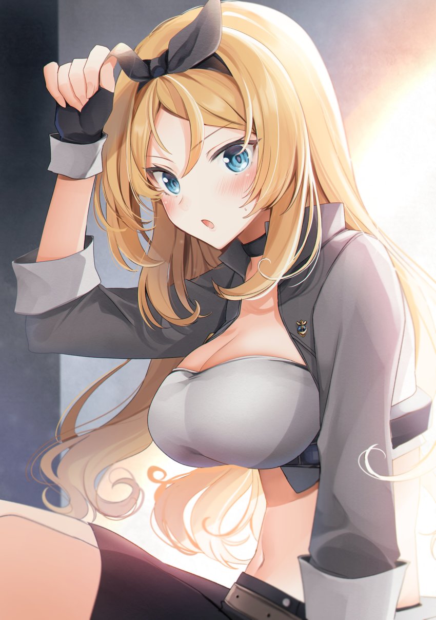 1girl, absurdres, alternate_costume, black_hairband, blonde_hair, blue_eyes, breasts, choker
