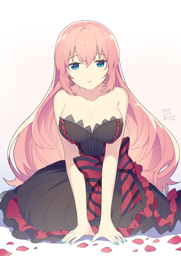 1girl, alternate_costume, megurine_luka_(amour), aqua_nails, arm_support, bare_arms, bare_shoulders, black_dress