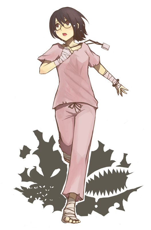 00s, 1girl, ankle_wrap, bad_id, bad_pixiv_id, bandages, barefoot, black_hair