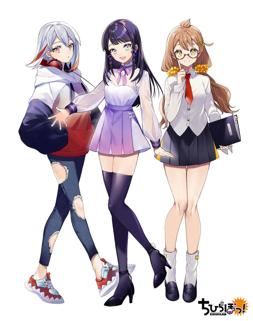 3girls, :d, akamaki_ritsu, black_skirt, blue_pants, brown_eyes, brown_hair, chihilab, denim, hair_ornament, hair_scrunchie, hands_in_pockets, headphones, headphones_around_neck, high-waist_skirt, high_heels, highres, holding, holding_notebook, hood, hood_down, hoodie, ishiguro_chihiro, jeans, long_hair, long_sleeves, looking_at_viewer, low_twintails, medium_hair, miniskirt, multicolored_hair, multiple_girls, neck_ribbon, necktie, notebook, open_mouth, pants, parted_lips, pink_eyes, pink_ribbon, purple_hair, purple_skirt, red_eyes, ribbon, scrunchie, shirt, shoes, skirt, smile, socks, sogawa, streaked_hair, thighhighs, torn_clothes, torn_pants, tsukasa_(chihilab), twintails, virtual_youtuber, white_hair, white_legwear, white_shirt, zettai_ryouiki