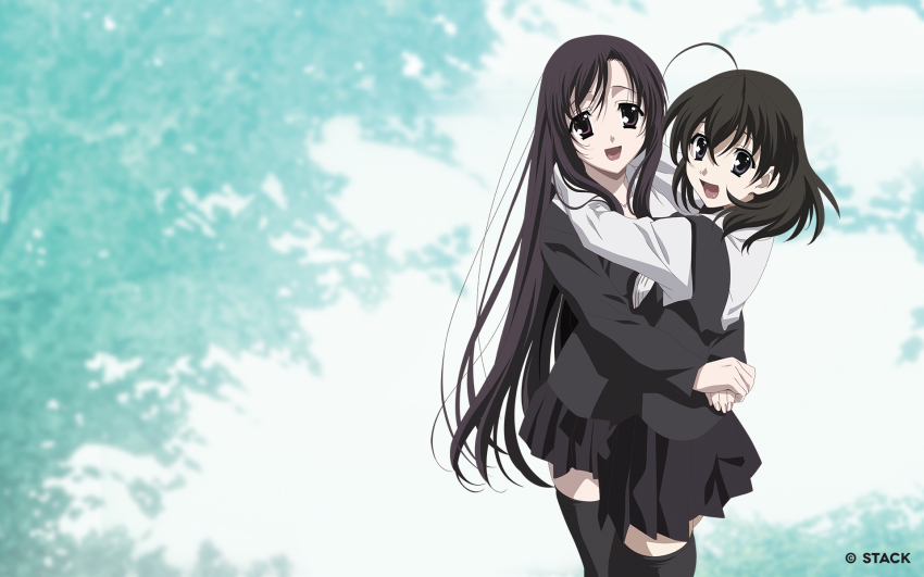 2girls, arms_around_neck, black_hair, black_legwear, black_skirt, company_name, cowboy_shot, hands_on_another's_back