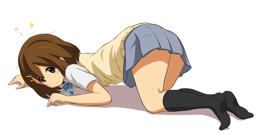 1girl, black_socks, blue_ribbon, blue_skirt, blush, brown_eyes, brown_hair, closed_mouth