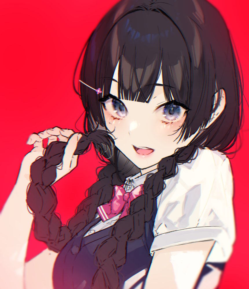 1girl, black_hair, blue_eyes, blue_vest, blush, bow, bowtie, braid