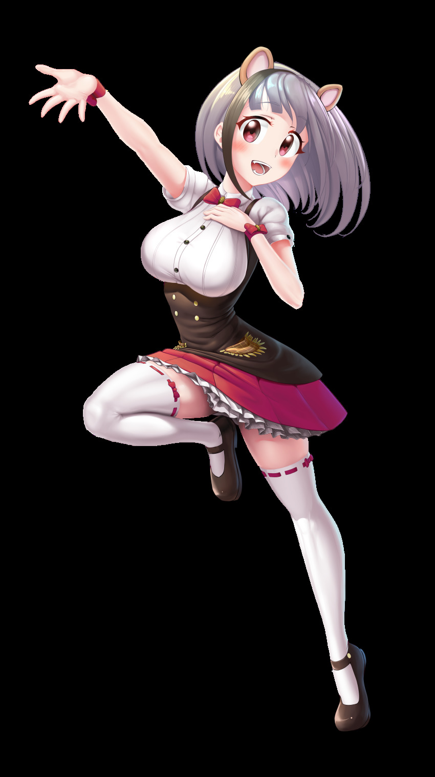 1girl, :d, absurdres, animal_ears, black_footwear, black_hair, blush, bow