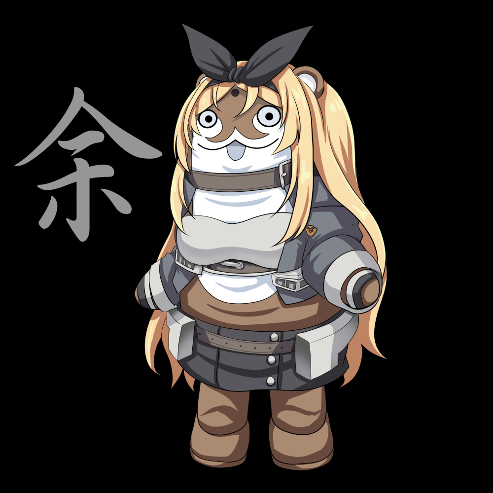 1other, black_background, black_hairband, black_jacket, black_skirt, blonde_hair, bokukawauso, commentary_request