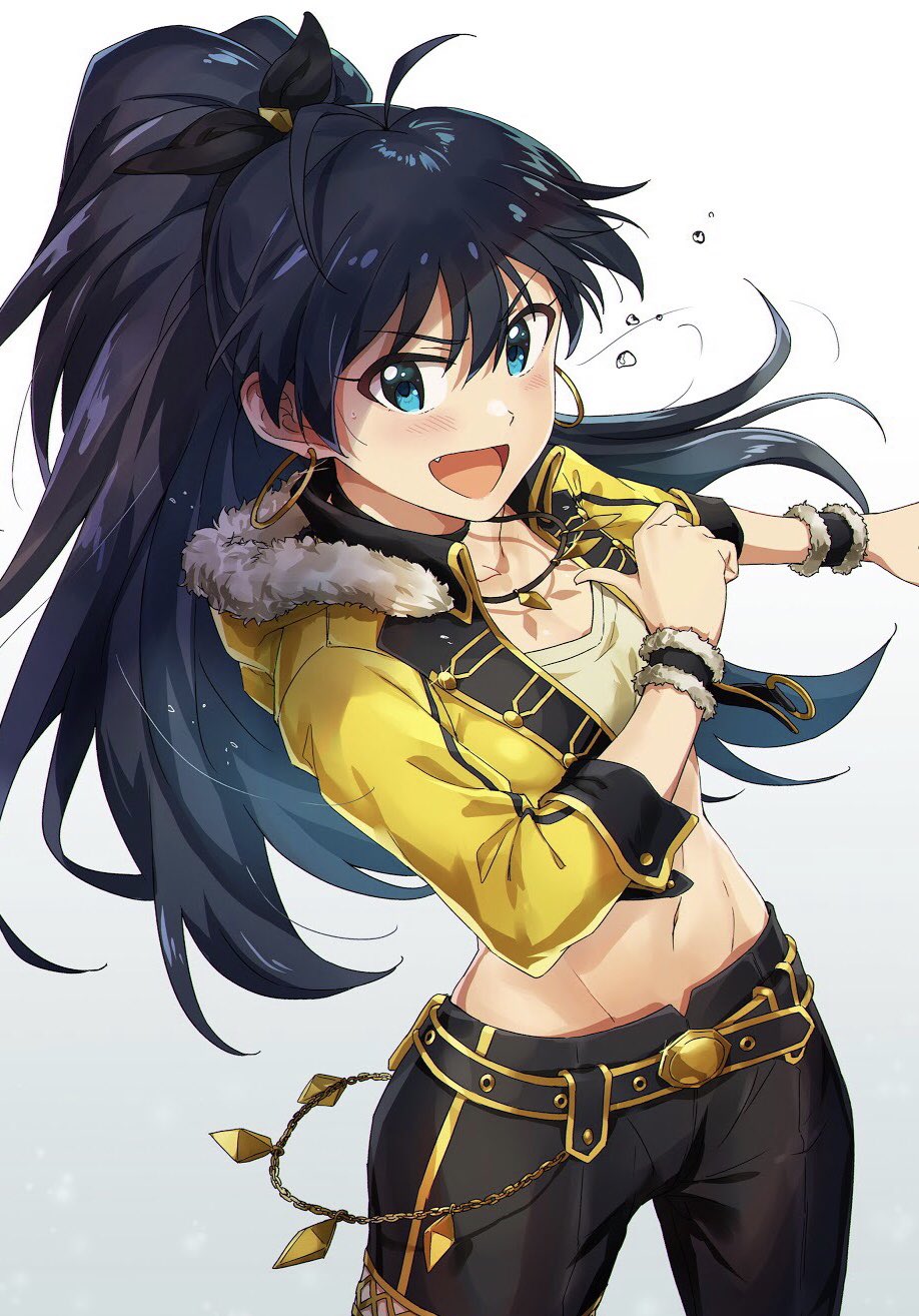 1girl, ayano_yuu_(sonma_1426), belt, black_belt, black_hair, black_pants, blue_eyes, commentary, cropped_jacket, earrings, fang, fur-trimmed_hood, fur_trim, ganaha_hibiki, ganaha_hibiki_(light_of_vibes), groin, highres, hood, hood_down, hoop_earrings, idolmaster, idolmaster_(classic), jacket, jewelry, long_hair, long_sleeves, looking_at_viewer, lowleg, lowleg_pants, midriff_peek, navel, necklace, open_mouth, pants, pointing, pointing_at_self, ponytail, smile, solo, standing, v-shaped_eyebrows, wristband, yellow_jacket