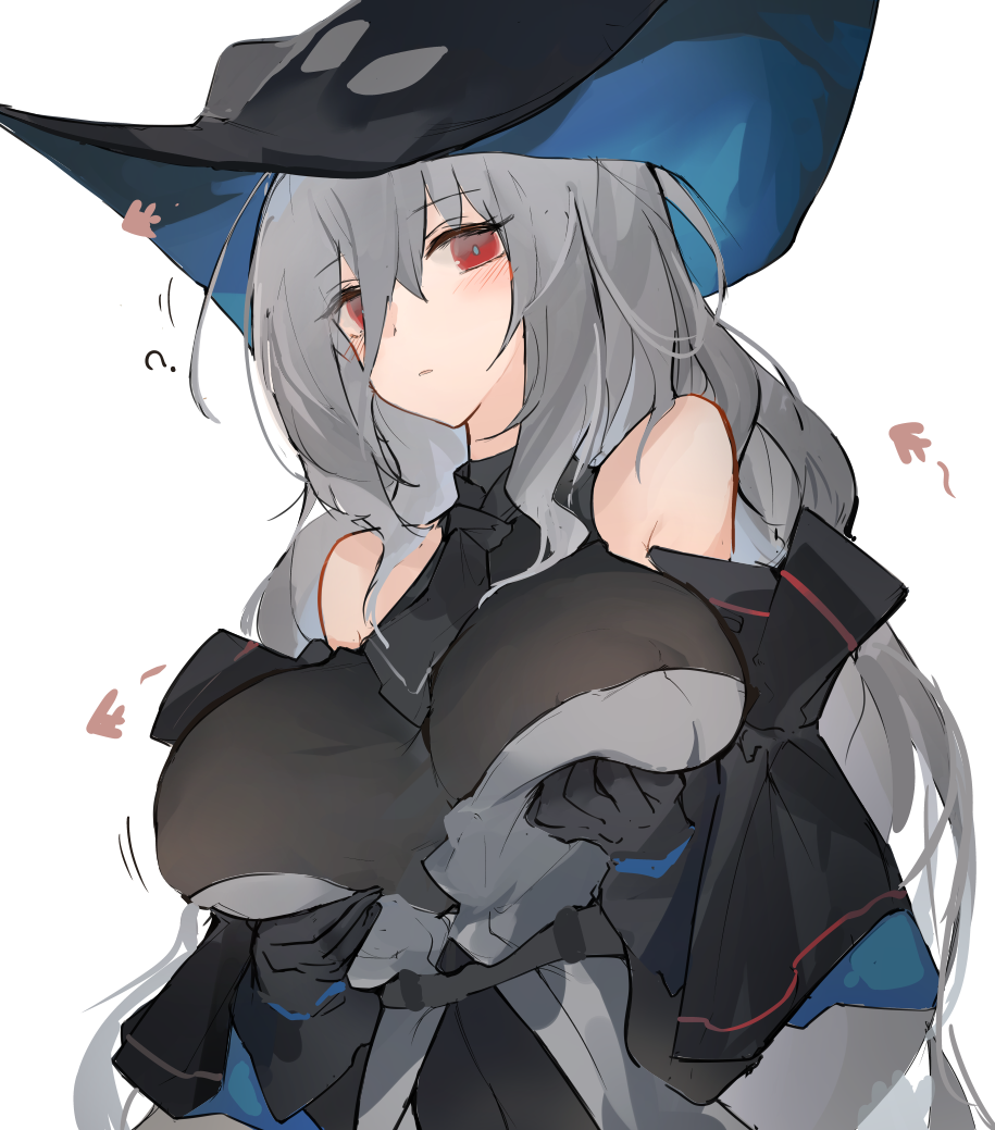 1girl, arknights, black_gloves, blush, breast_hold, breasts, closed_mouth, gloves