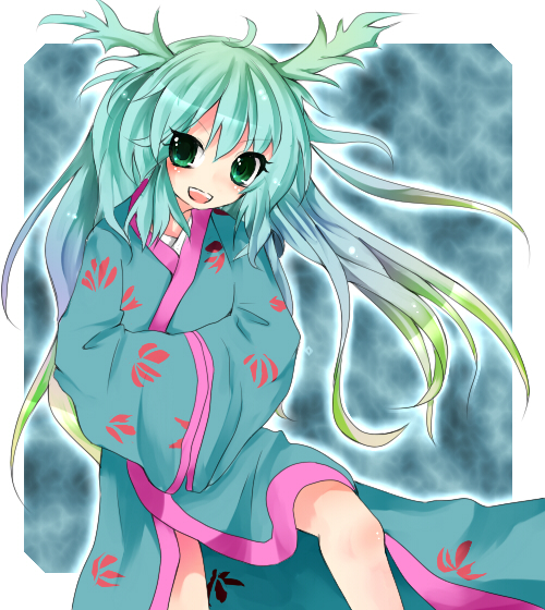 1girl, bad_id, bad_pixiv_id, blue_hair, female_focus, green_hair, japanese_clothes, long_hair, original, sashiromiya_sasha, shain_roki, smile, solo, touhou