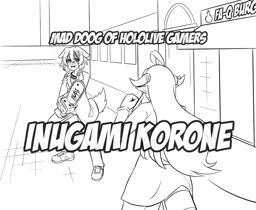 2girls, ahoge, animal_ears, censored, chainsaw, character_name, commentary, crazy_smile, dog_ears, dog_girl, dragon_girl, dragon_horns, dragon_tail, english_commentary, fighting_stance, foxarcana, greyscale, hololive, horns, inugami_korone, inugami_korone_(1st_costume), kiryu_coco, kiryu_kazuma, long_hair, majima_goro, middle_finger, monochrome, mosaic_censoring, multiple_girls, name_connection, open_mouth, parody, ryuu_ga_gotoku_(series), shaded_face, smile, tail, trait_connection, virtual_youtuber
