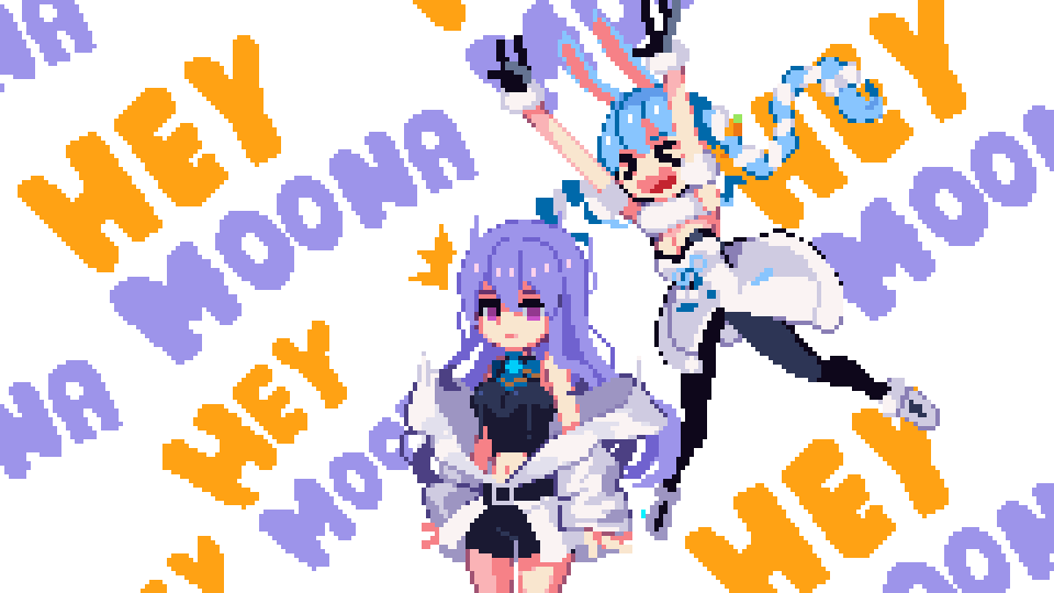 >_<, 2girls, :d, ^^^, animal_ears, arms_up, belt, black_pantyhose, blue_hair, braid, breasts, brooch, cleavage, coat, cowboy_shot, crop_top, double_v, dress, hey_moona, hololive, hololive_indonesia, jewelry, jitome, jumping, long_hair, moona_hoshinova, multicolored_hair, multiple_girls, navel, off-shoulder_coat, off_shoulder, open_mouth, pantyhose, pixel_art, purple_hair, rabbit_ears, rabbit_tail, shorts, shouting, simple_background, smile, strapless, strapless_dress, surprised, tail, two-tone_hair, usada_pekora, usada_pekora_(1st_costume), v, very_long_hair, virtual_youtuber, white_background, white_dress, xd, yurver