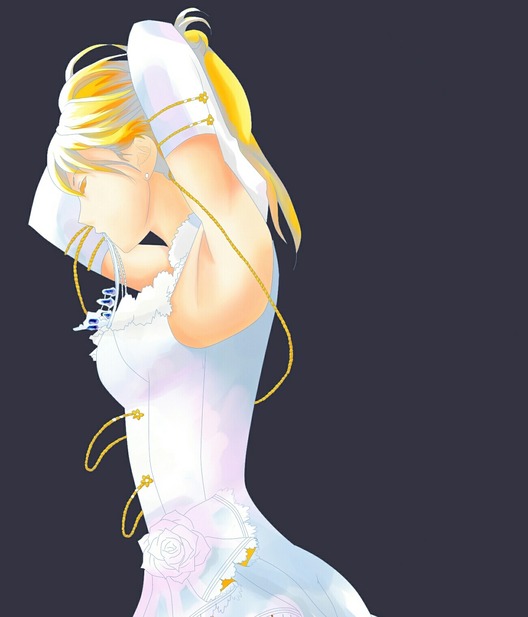 1girl, arms_over_head, artist_request, ayase_eli, bare_shoulders, blonde_hair, blush, breasts, bridal_veil, bride, dress, earrings, elbow_gloves, closed_eyes, female_focus, fixing_hair, flower, frills, garter_straps, gloves, hair_between_eyes, hair_ornament, hands_over_head, high_ponytail, highres, jewelry, long_hair, looking_at_viewer, love_live!, love_live!_school_idol_festival, love_live!_school_idol_project, medium_breasts, parted_lips, ponytail, short_hair, solo, strapless, strapless_dress, thighhighs, tiara, veil, wedding, wedding_dress, white_dress, white_flower, white_gloves, zakimpo