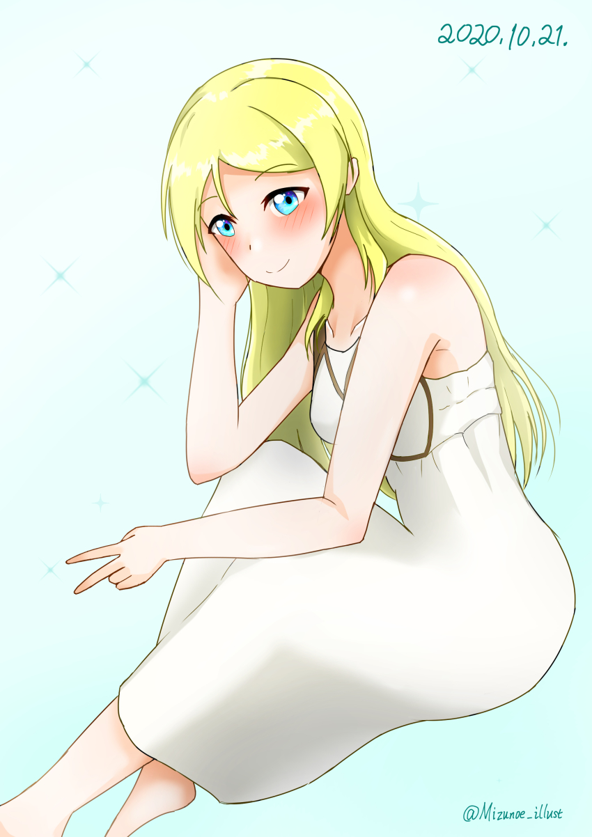 1girl, absurdres, artist_request, ayase_eli, bare_shoulders, blonde_hair, blue_eyes, blush, breasts, collarbone, dress, feet, female_focus, hair_between_eyes, hair_over_shoulder, highres, long_hair, looking_at_viewer, love_live!, love_live!_school_idol_festival, love_live!_school_idol_project, mizunoe_illust, parted_lips, skirt, small_breasts, smile, solo, sundress, white_dress, white_skirt