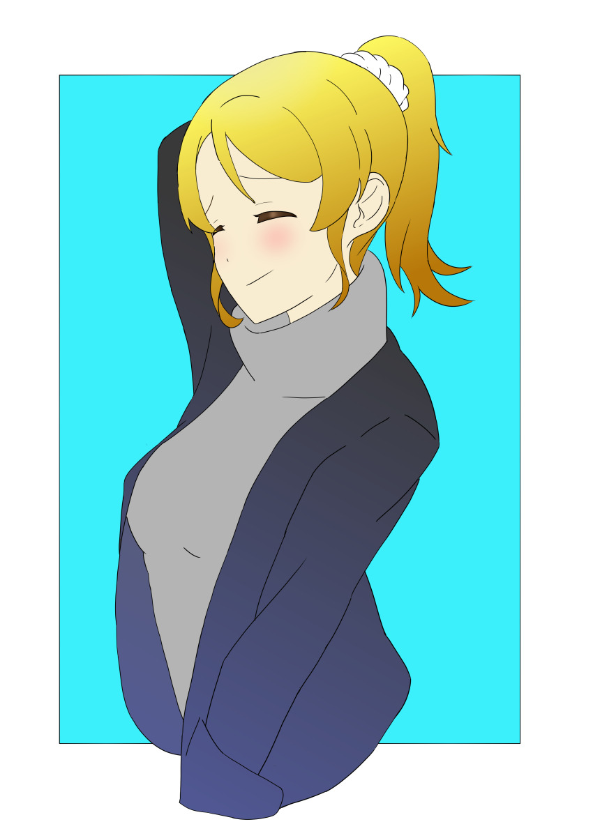1girl, absurdres, artist_request, ayase_eli, black_jacket, blonde_hair, blush, breasts, collared_sweater, closed_eyes, female_focus, grey_sweater, hair_between_eyes, hair_ornament, hair_scrunchie, highres, jacket, long_hair, looking_at_viewer, love_live!, love_live!_school_idol_project, medium_breasts, parted_lips, ponytail, scrunchie, shahmeer_blackz, solo, sweater, turtleneck, turtleneck_sweater, white_scrunchie