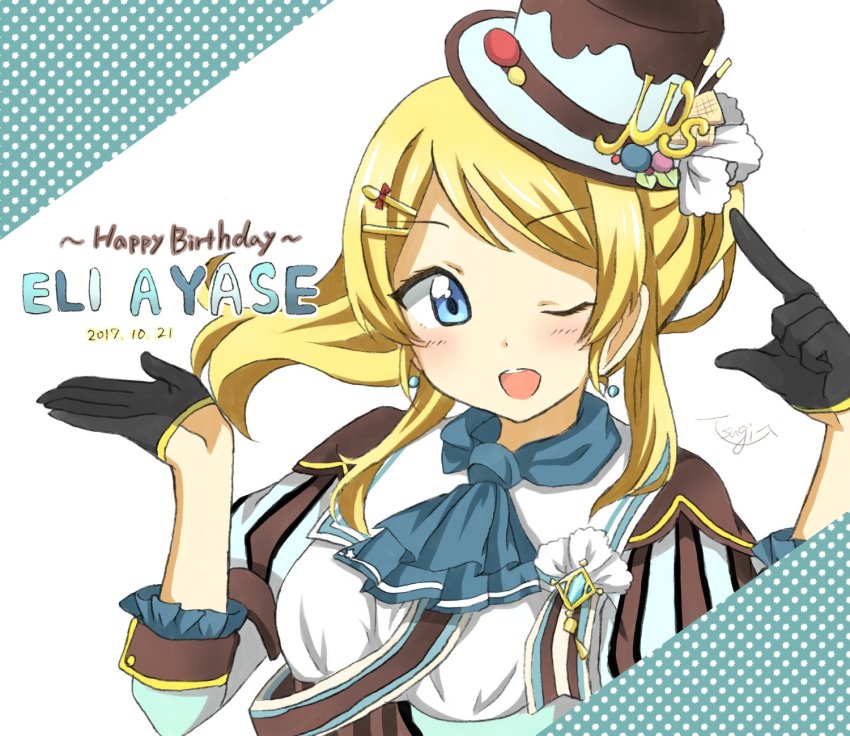 1girl, aqua_neckerchief, artist_request, ayase_eli, black_gloves, blonde_hair, blue_eyes, blush, dress, earrings, female_focus, frilled_dress, frills, gloves, hair_between_eyes, hair_ornament, hairclip, headwear_request, highres, jewelry, long_hair, looking_at_viewer, love_live!, love_live!_school_idol_festival, love_live!_school_idol_project, neckerchief, one_eye_closed, parted_lips, ponytail, puffy_short_sleeves, puffy_sleeves, short_sleeves, sirius_sss, smile, solo