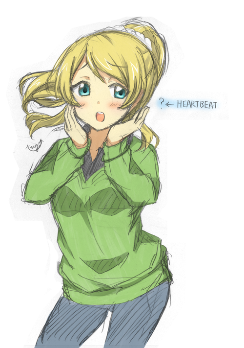 1girl, :o, artist_request, ayase_eli, blonde_hair, blue_eyes, blue_pants, blush, breasts, collarbone, female_focus, green_sweater, hair_between_eyes, hair_ornament, hair_scrunchie, long_hair, long_sleeves, looking_at_viewer, love_live!, love_live!_school_idol_festival, love_live!_school_idol_project_idol_festival, pants, parted_lips, ponytail, scrunchie, sirius_sss, small_breasts, smile, solo, sweater, white_background, white_scrunchie