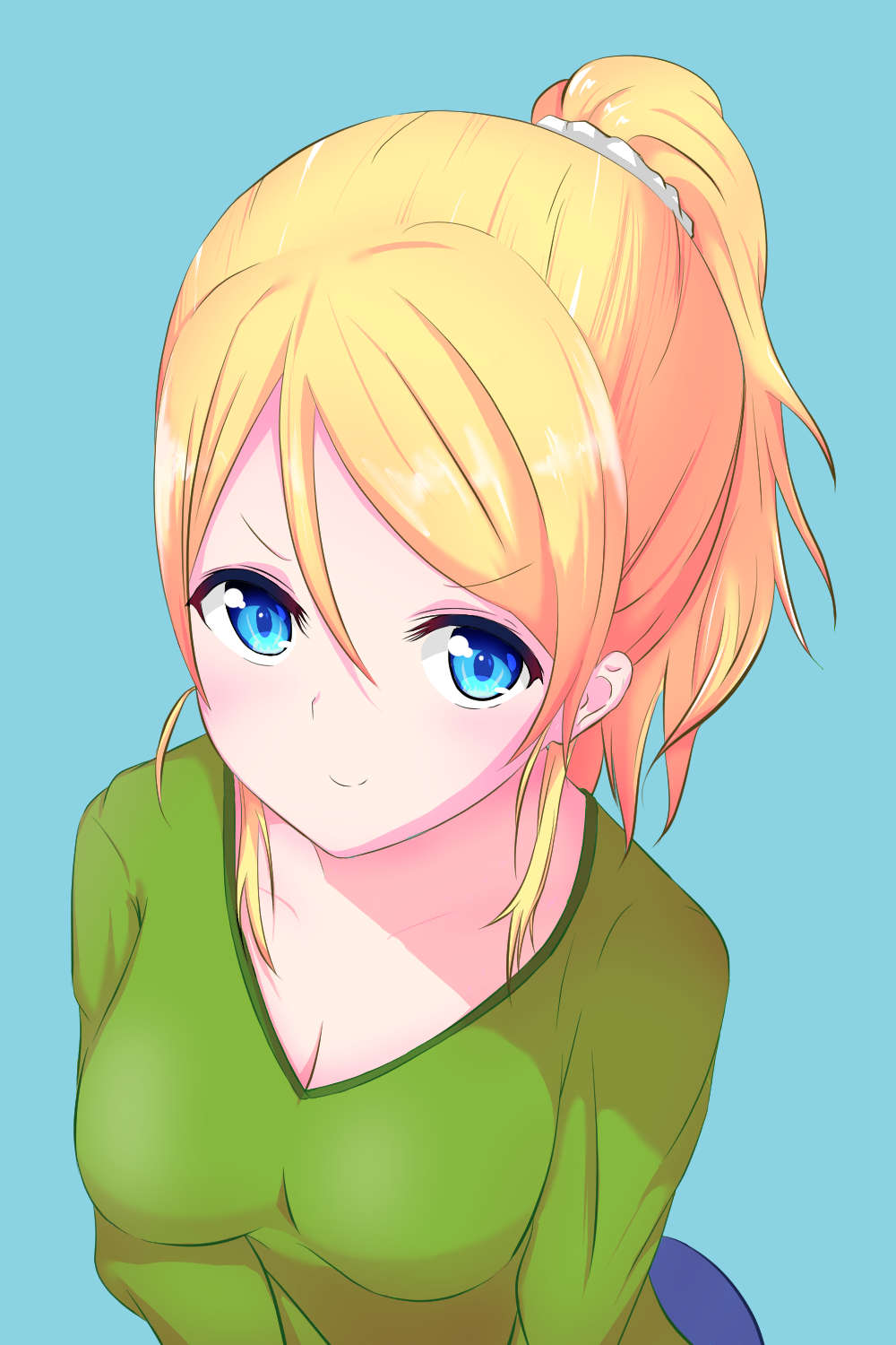 1girl, aqua_background, artist_request, ayase_eli, blonde_hair, blue_eyes, blue_pants, blush, breasts, collarbone, eruha_(trk_1021), female_focus, green_sweater, hair_between_eyes, hair_ornament, hair_over_shoulder, hair_scrunchie, highres, long_hair, long_sleeves, looking_at_viewer, love_live!, love_live!_school_idol_festival, love_live!_school_idol_project, love_live!_school_idol_project_idol_festival, medium_breasts, pants, parted_lips, ponytail, scrunchie, smile, solo, sweater, white_scrunchie