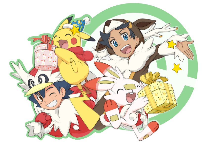 2boys, absurdres, ash_ketchum, black_hair, blue_eyes, box, brown_eyes, christmas, clothed_pokemon, commentary_request, cosplay, delibird, delibird_(cosplay), gen_1_pokemon, gen_2_pokemon, gen_5_pokemon, gen_8_pokemon, gift, gift_box, goh_(pokemon), hair_between_eyes, hat, highres, holding, hood, hood_up, long_sleeves, looking_at_viewer, multiple_boys, nintendo, one_eye_closed, party_hat, pikachu, pokemon, pokemon_(anime), pokemon_journeys, sack, sawsbuck, sawsbuck_(cosplay), scorbunny, smile, star_(symbol), teeth, yasuda_shuuhei