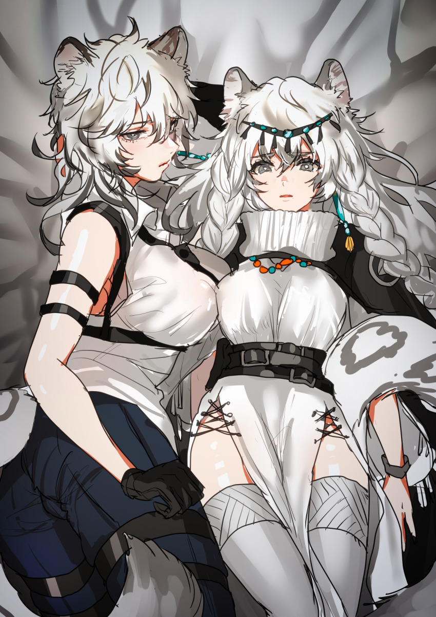 2girls, animal_ears, arknights, arm_strap, bare_arms, bare_shoulders, black_cape, black_gloves, blue_pants, braid, breasts, cape, commentary_request, dress, genderswap, genderswap_(mtf), gloves, grey_eyes, grey_legwear, hair_between_eyes, head_chain, highres, hominamia, jewelry, long_hair, looking_at_viewer, medium_breasts, multiple_girls, pants, pramanix_(arknights), shirt, siblings, silver_hair, silverash_(arknights), silverash_(elite_ii)_(arknights), sisters, sleeveless, sleeveless_shirt, snow_leopard_ears, snow_leopard_tail, tail, thighhighs, thighs, twin_braids, white_dress, white_shirt