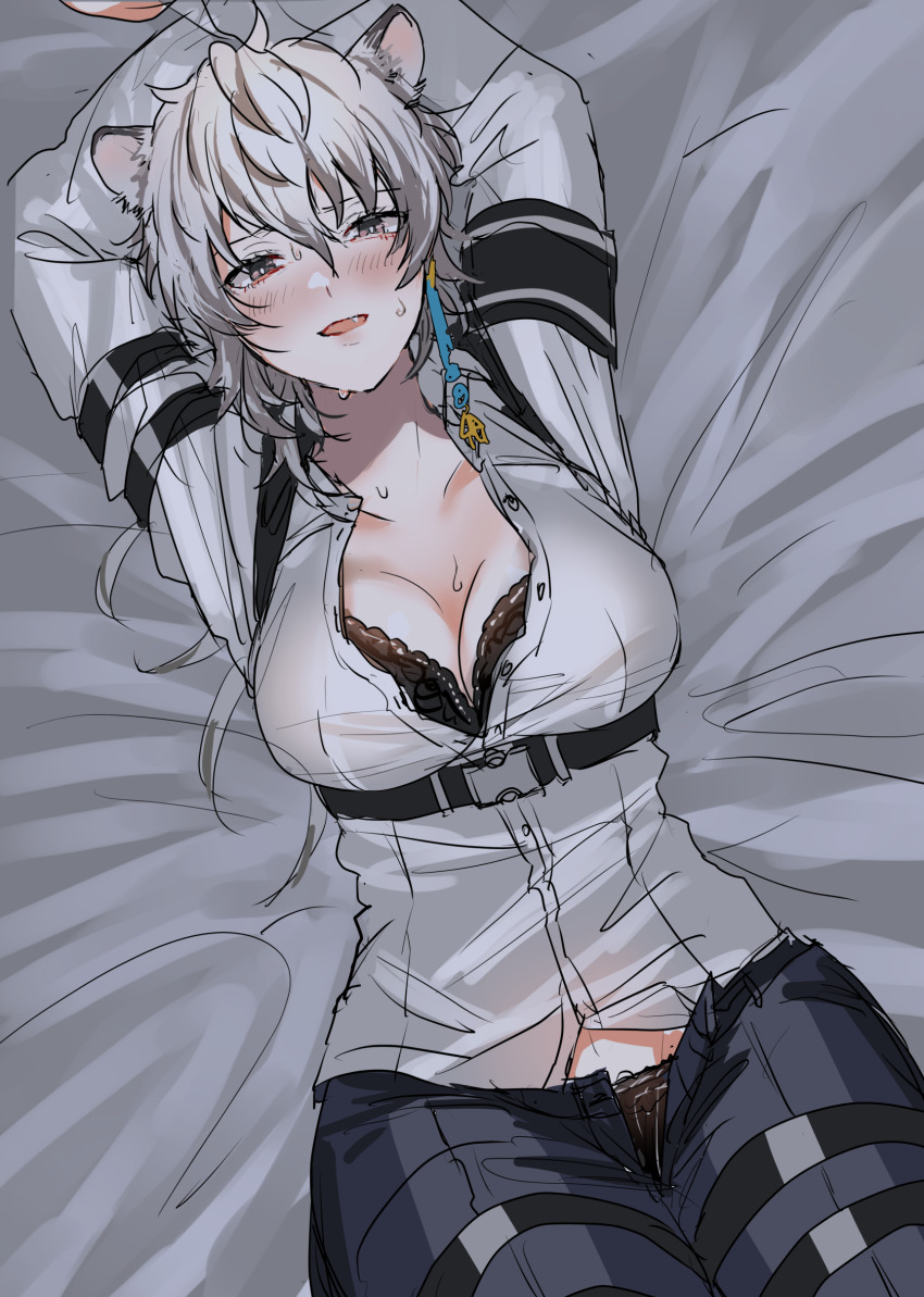1girl, absurdres, animal_ears, arknights, arms_behind_head, bed, bed_sheet, blush, bra, breasts, cleavage, collarbone, commentary_request, female_focus, genderswap, genderswap_(mtf), grey_eyes, hair_between_eyes, highres, hominamia, looking_at_viewer, lying, on_back, panties, shirt, silver_hair, silverash_(arknights), silverash_(elite_ii)_(arknights), smile, snow_leopard_ears, solo, sweat, underwear