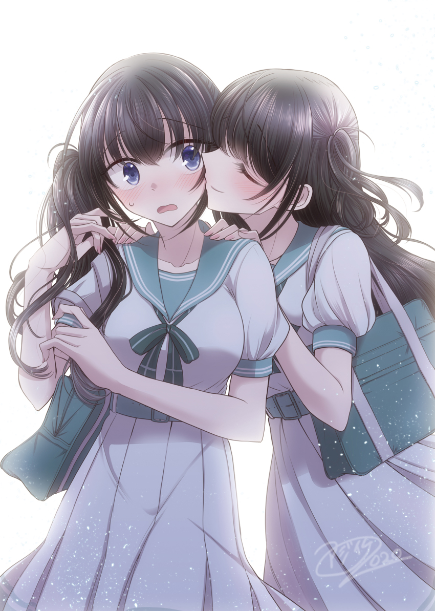 2girls, ajiichi, bag, black_hair, blue_eyes, blush, breasts, dress