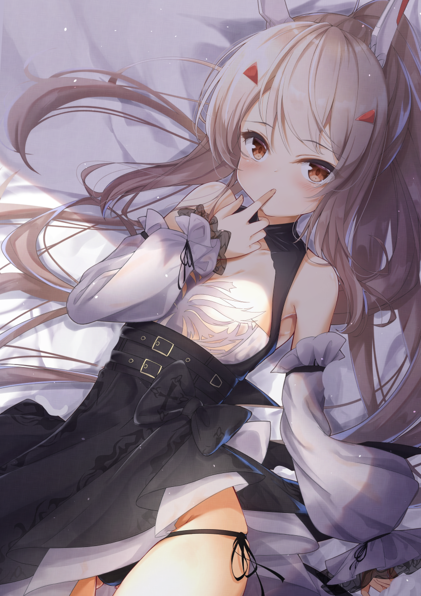 1girl, ayanami_(azur_lane), ayanami_(nightfall_raiment)_(azur_lane), azur_lane, bed_sheet, belt, black_panties, breasts