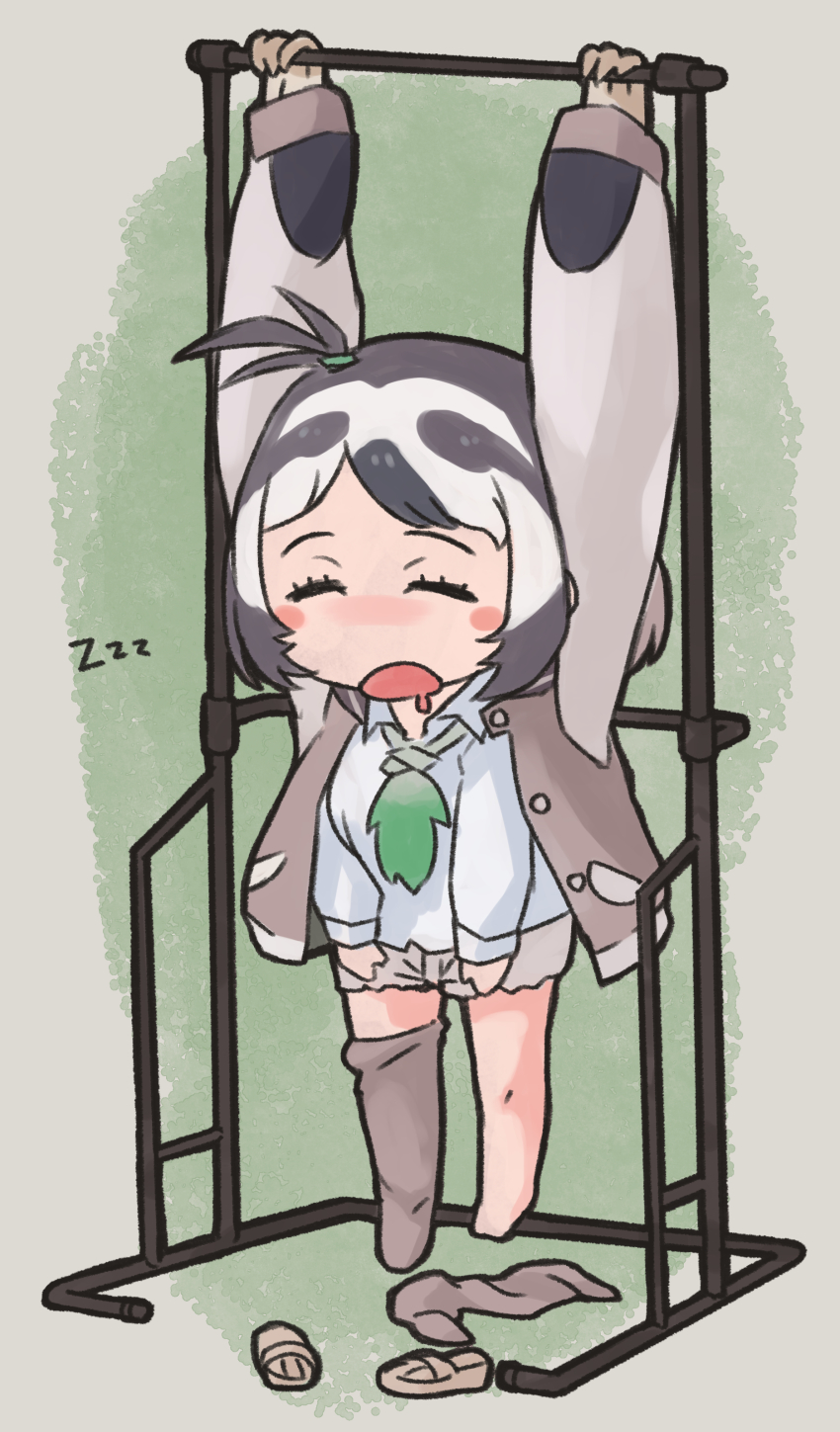 1girl, absurdres, bare_legs, barefoot, black_hair, blush_stickers, brown_hair, buttons