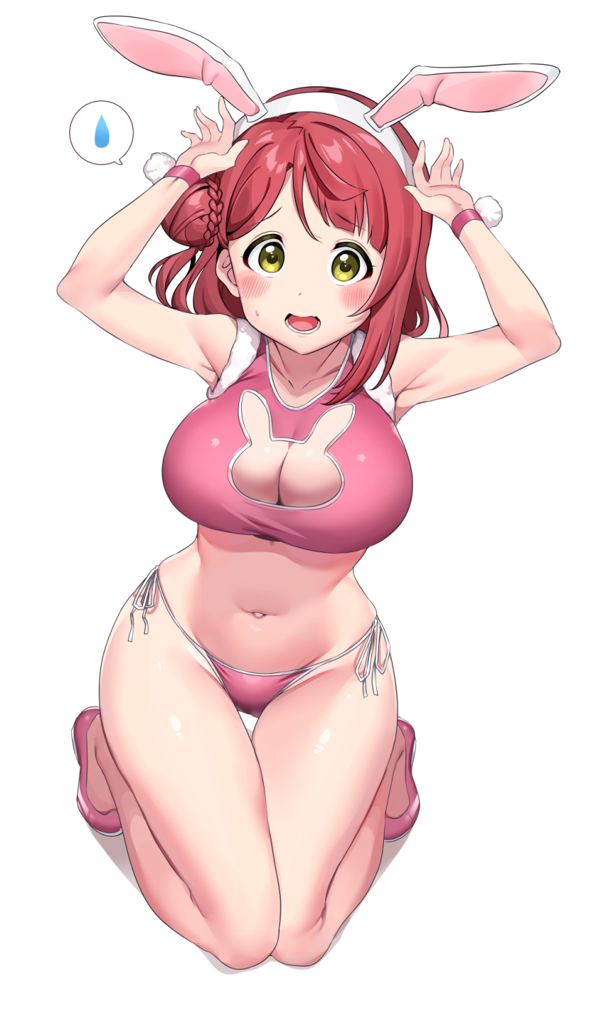 1girl, alternate_breast_size, animal_ears, armpits, arms_up, bare_shoulders, bikini, blush, braid, breasts, cleavage_cutout, clothing_cutout, collarbone, fake_animal_ears, hair_bun, highres, kneeling, large_breasts, looking_at_viewer, love_live!, love_live!_nijigasaki_high_school_idol_club, lower_teeth_only, open_mouth, pink_bikini, pink_shoes, pom_pom_(clothes), rabbit_cutout, rabbit_ears, rabbit_pose, raised_eyebrows, red_hair, shiny_skin, shoes, side-tie_bikini_bottom, side_bun, simple_background, single_side_bun, solo, spoken_sweatdrop, sweatdrop, swimsuit, teeth, tem10, thigh_gap, thighs, uehara_ayumu, white_background, wide-eyed, wristband