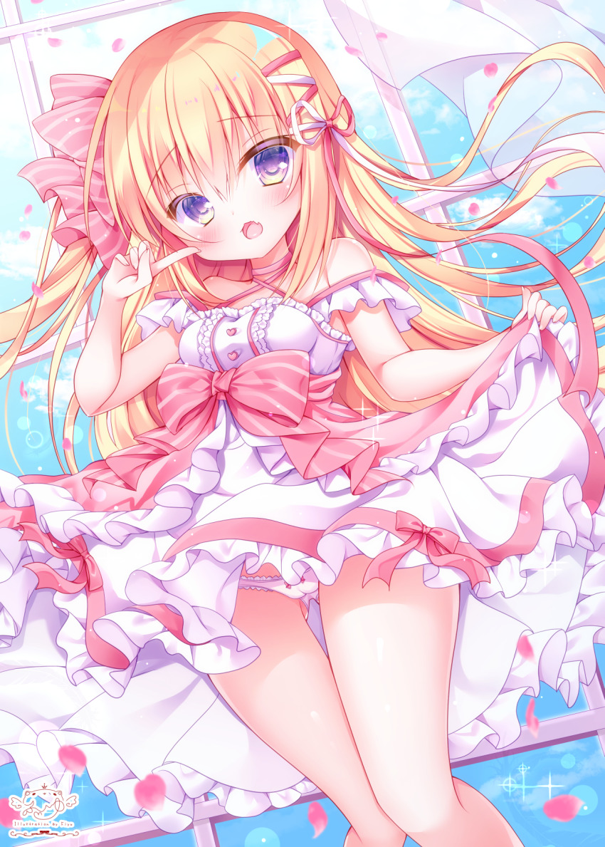 1girl, bare_shoulders, blonde_hair, blue_eyes, blush, bow, breasts, center_frills