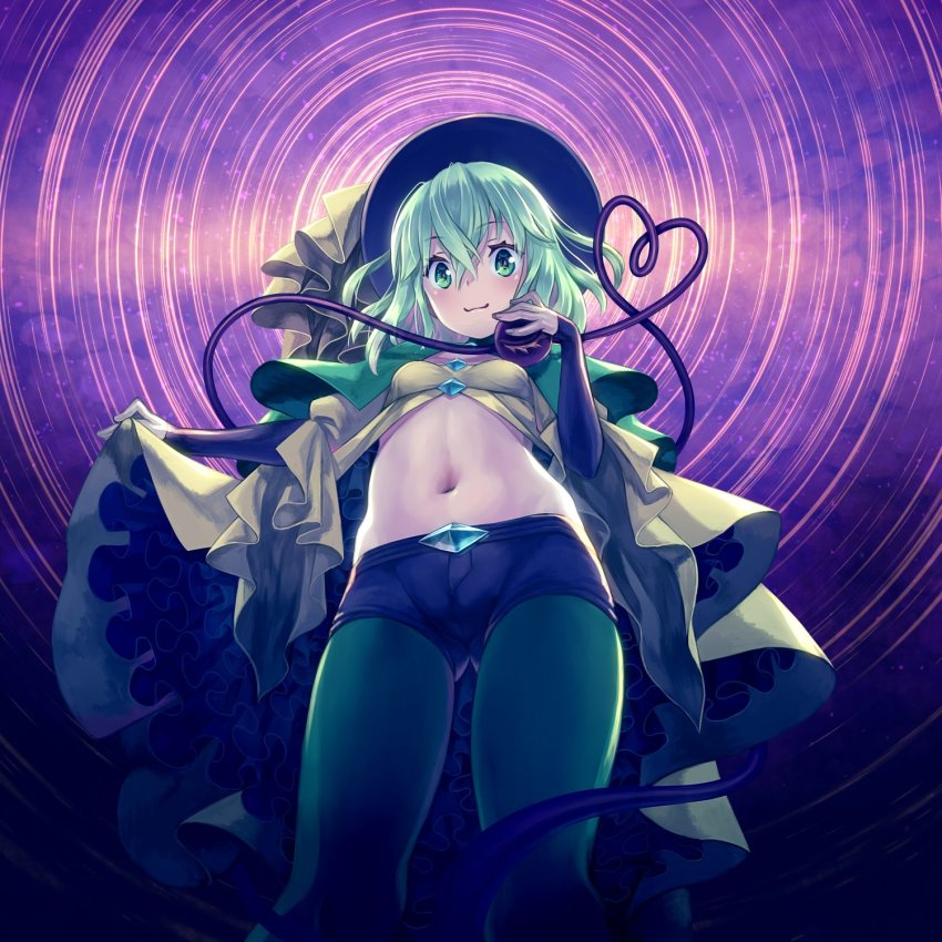 1girl, adapted_costume, alternate_costume, capelet, eyeball, frills, from_below, green_eyes, green_hair, green_pantyhose, hat, hat_ribbon, heart, heart_of_string, highres, komeiji_koishi, kutori_pan'ya, pantyhose_under_shorts, long_sleeves, looking_at_viewer, looking_down, midriff, navel, pantyhose, ribbon, short_hair, shorts, smile, solo, star_trail, string, third_eye, touhou, wide_sleeves