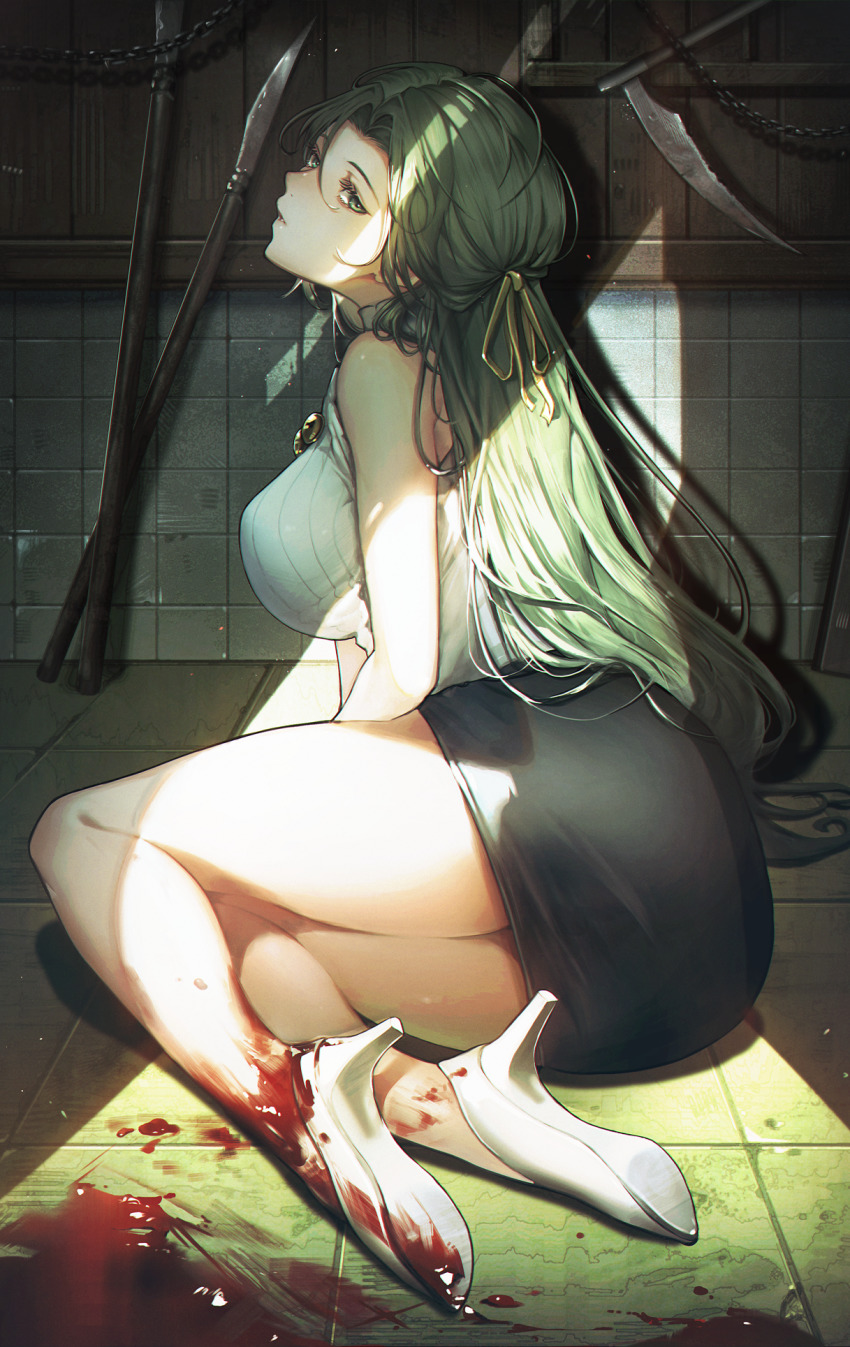 1girl, backlighting, bare_legs, blood, blood_on_feet, breasts, chain, dark