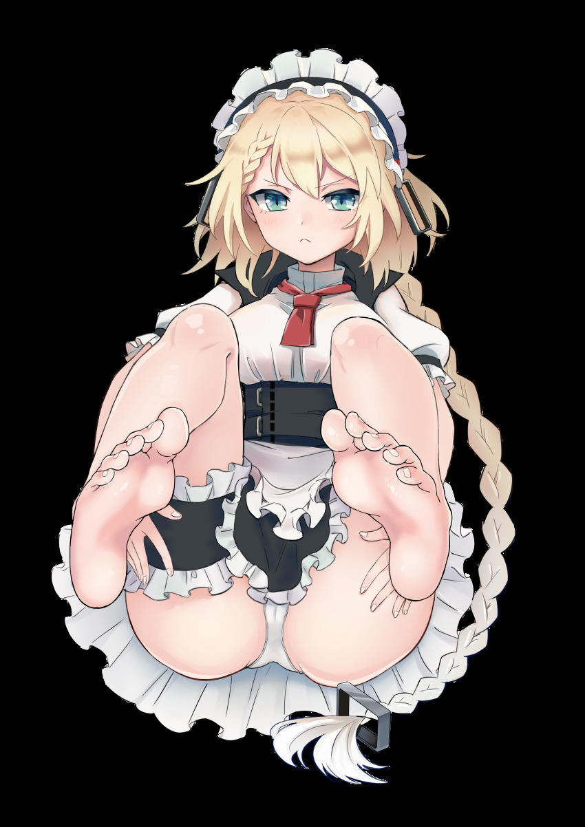 1girl, absurdres, barefoot, blonde_hair, blush, braid, braided_bangs, cameltoe