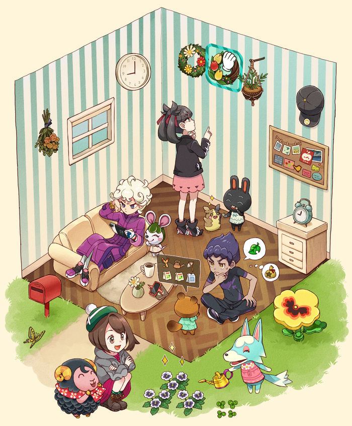 ahoge, alarm_clock, animal_crossing, animal_crossing:_new_horizons, baseball_cap, bede_(pokemon), black_hair, black_headwear