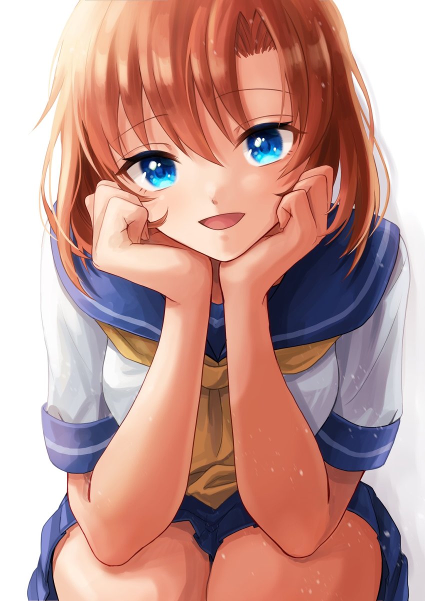 1girl, :d, blue_eyes, blue_sailor_collar, blue_skirt, brown_hair, hair_between_eyes, head_rest