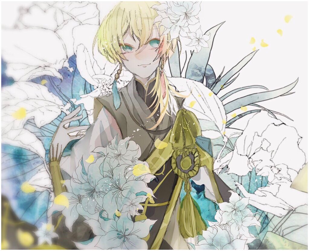 1boy, blonde_hair, blue_eyes, closed_mouth, earrings, feather_earrings, feathers, flower, grey_background, japanese_clothes, jewelry, male_focus, natsuno_(natutun), simple_background, solo, taikou_samonji, touken_ranbu