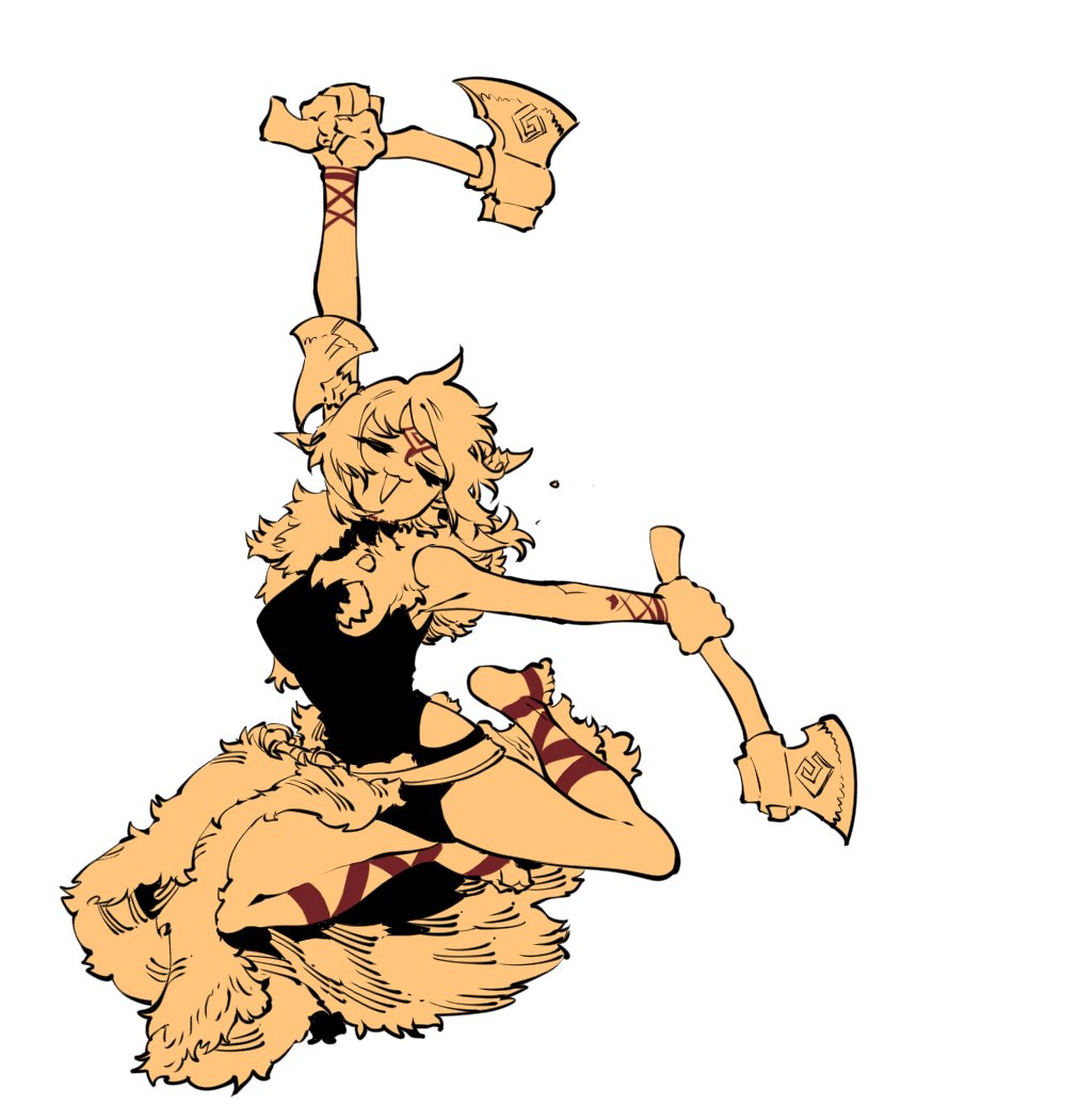 1girl, axe, axehorn_(ssambatea), barefoot, dual_wielding, closed_eyes, facial_tattoo, hand_up