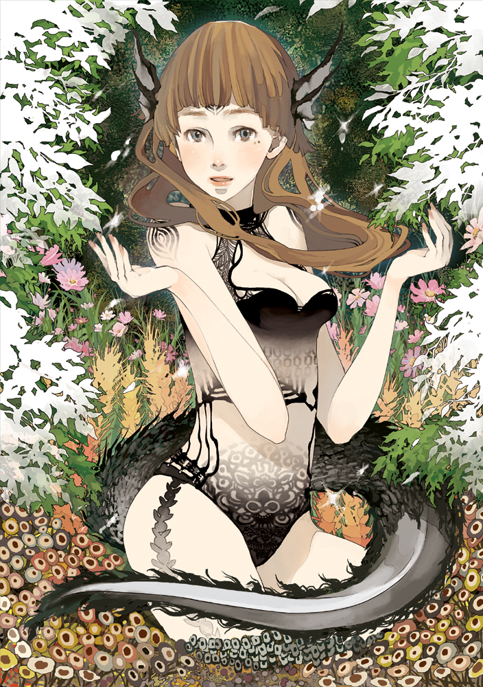 1girl, bare_shoulders, blue_eyes, breasts, brown_hair, cleavage, female_focus, flower