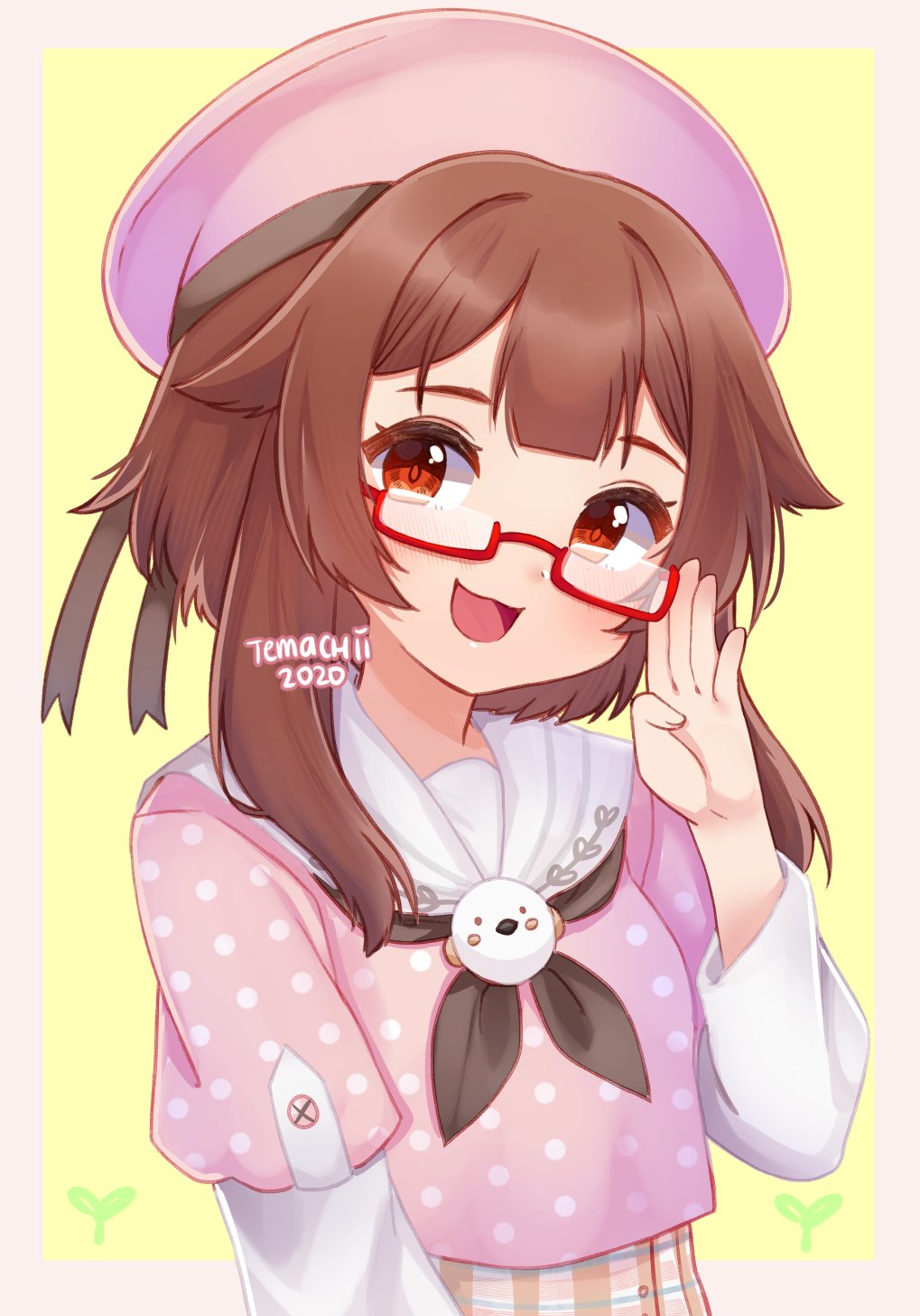 1girl, :3, :d, adjusting_eyewear, black_neckerchief, border, brown_hair, glasses